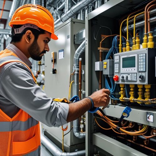 hvac technician working on hvac chiller indian with safety helmet